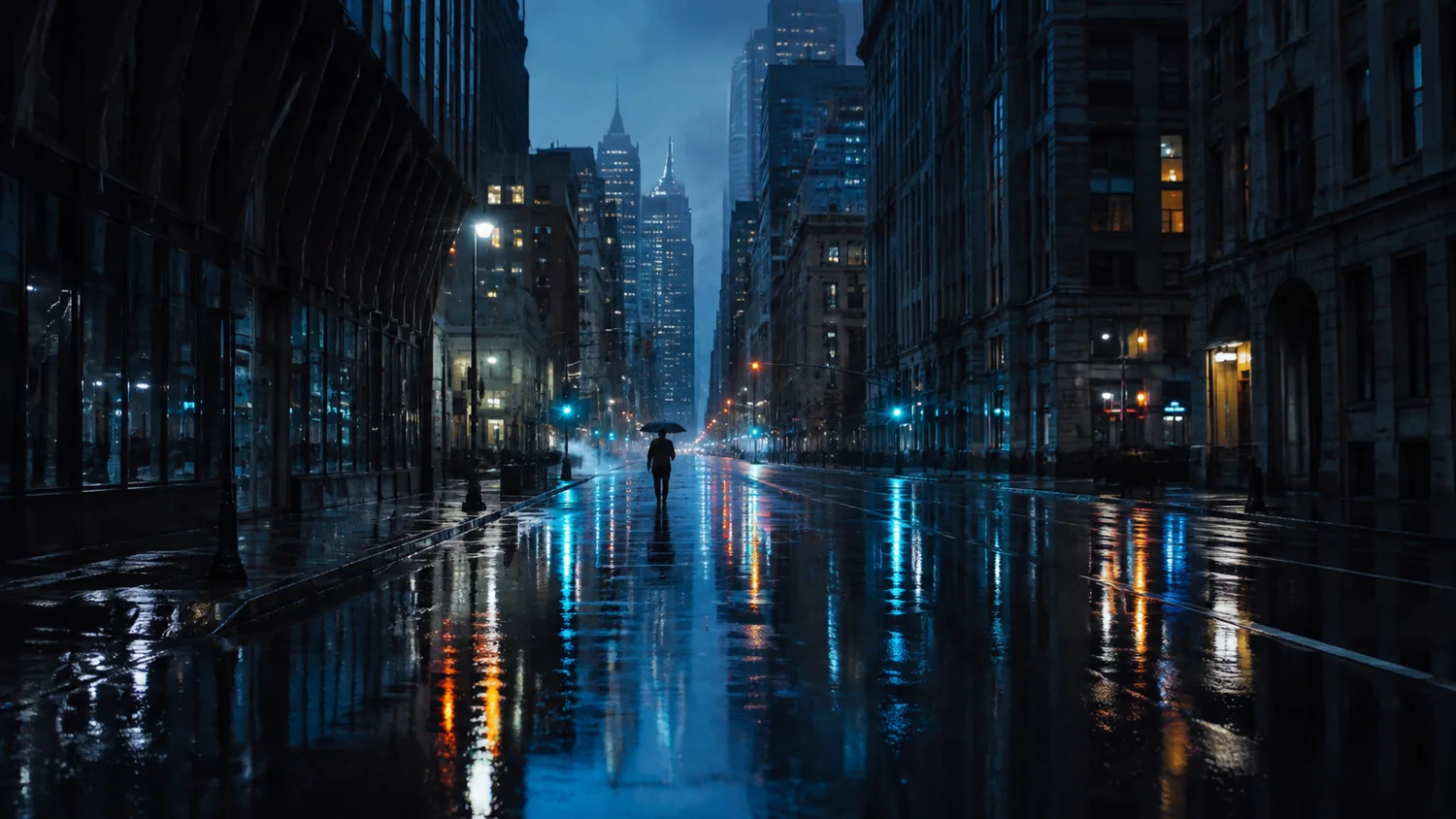 蓝色雨夜街道上的路灯与地面倒影